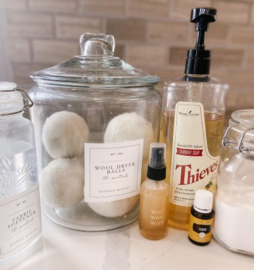 natural fabric softener wool dryer balls stain stick thieves laundry soap lemon essential oil homemade laundry booster