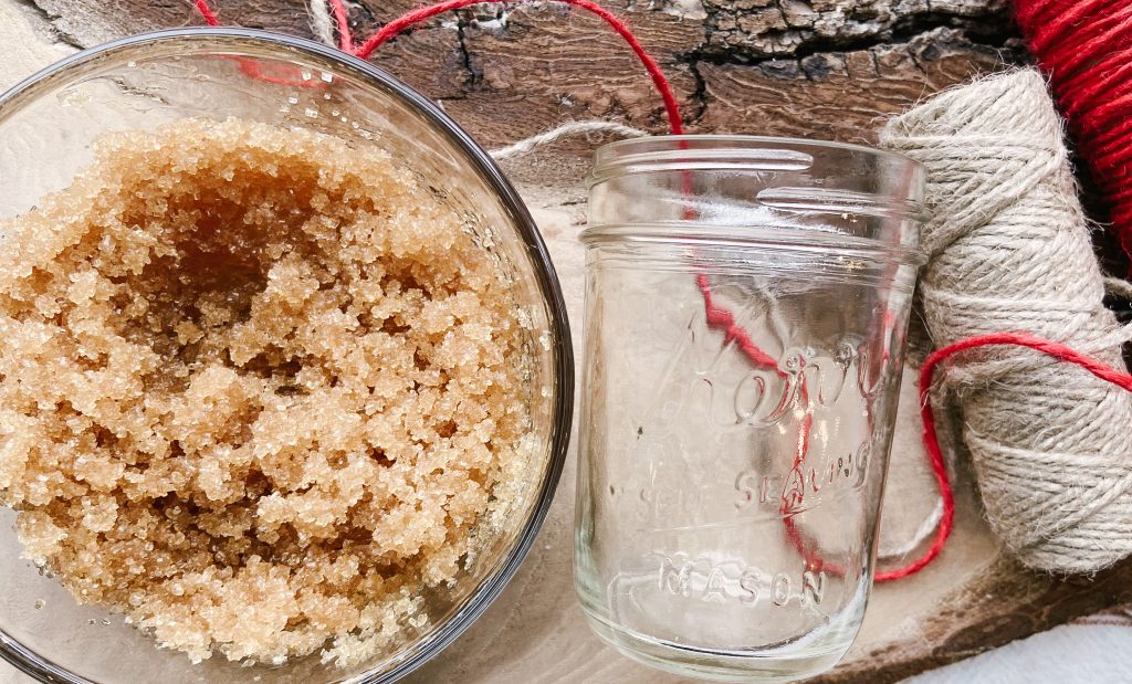 gingerbread raw sugar body scrub, glass mason jar and decorative twine