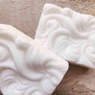 patchouli diy bar soap on wood counter with raw sugar